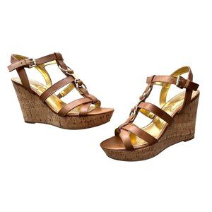 Marc Fisher Genny Brown Leather Strappy Wedge Sandals Gold Accents & Cork Heel 9